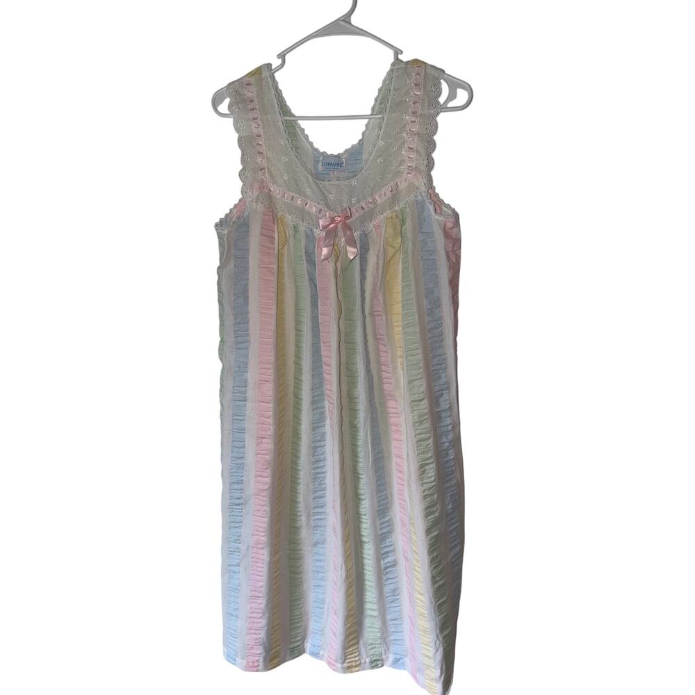 Vintage Lorraine Retro Ruffle Bow Colorful Striped Duster Nightgown Dress Size S